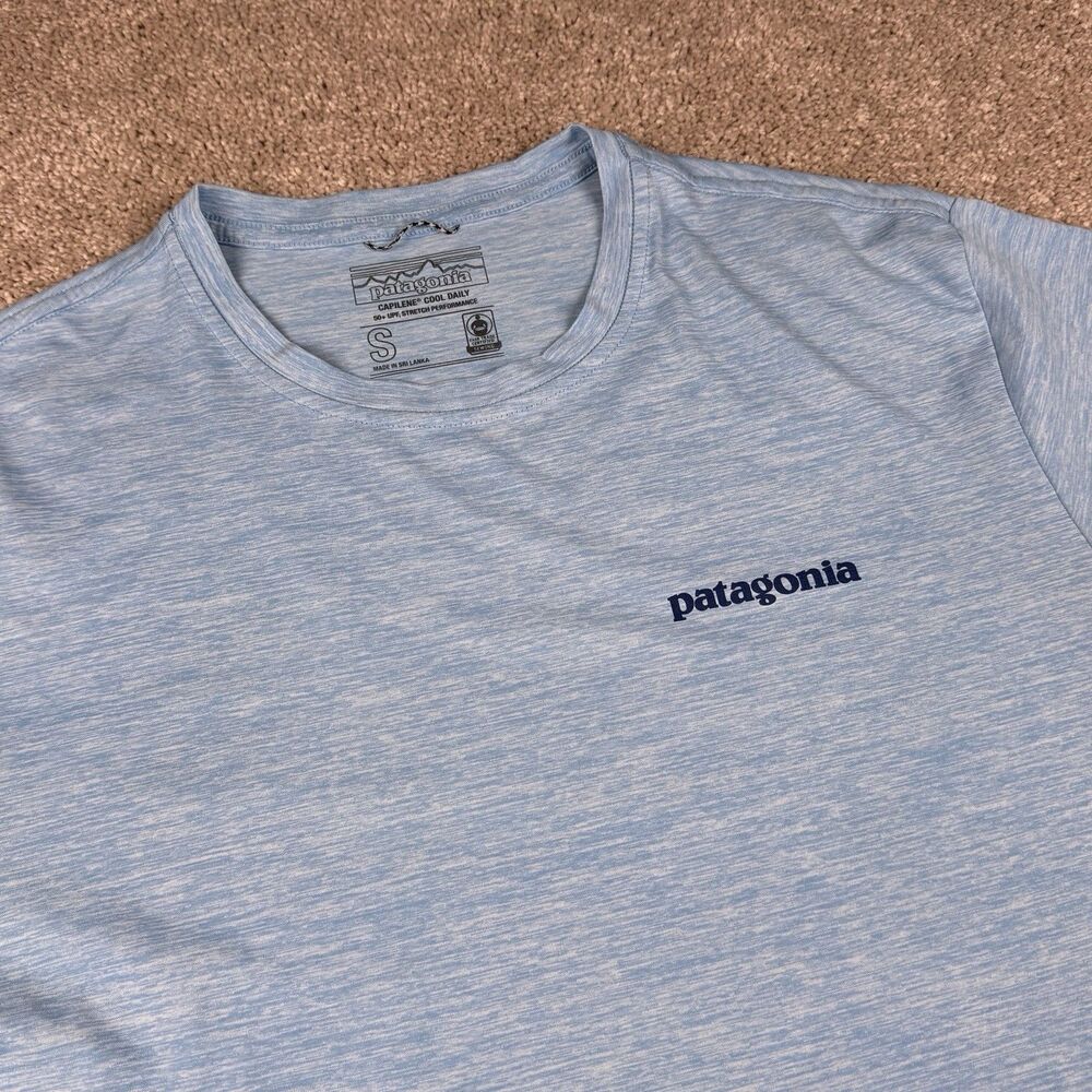 Patagonia Capilene Cool Daily Graphic Short Sleeve Shirt Logo UPF 50 Teal Small